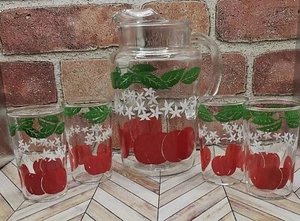 Vintage MCM Mini Glass Pitcher w/ 4 Juice Glasses Tomato Vines Barware EUC - Picture 1 of 8