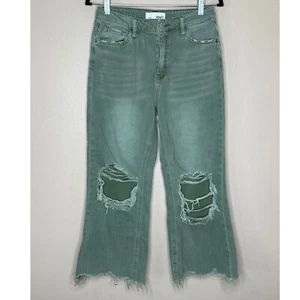 Vervet Camo Green Leslie 90s Vintage Flare Distressed Denim Jean Size 27 Cropped - Picture 1 of 7