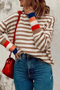 Brown Stripe Colorblock Bishop Sleeve Turtleneck Sweater - Picture 1 of 8