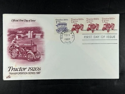 US FDC 1987 Tractor 1920s Strip of 3 Omnibus 1880s ArtCraft Transportation a825 - Image 1 of 2