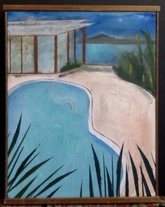 Modern Style California House with Swimming Pool Painting Oil on Canvas Signed - Picture 1 of 12