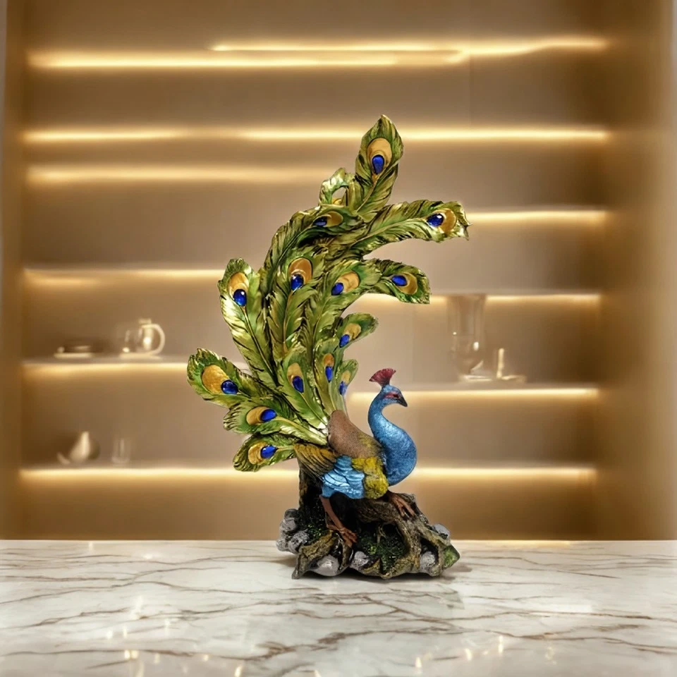 14"H Peacock on Tree Base Figurine Ornament Home Decor Unique Gift