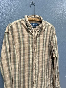 Polo Ralph Lauren vintage uomo marrone verde cotone quadri camicia con bottoni grande  - Foto 1 di 5