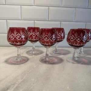 Ajka Hungary Ruby Red Cased Cut To Clear Lead Crystal Wine /sherry Glass.5 1/4"H - Picture 1 of 12