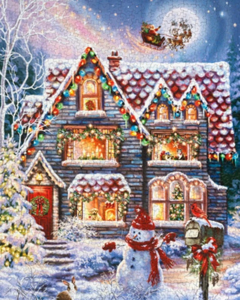 SPRINGBOK "Christmas Eve Cottage" puzzle 1000 pcs Santa Reindeer Snowman Puppy - Image 1 of 4