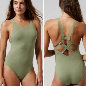 Athleta Palm One Piece Strappy Back Swimsuit Eucalyptus Olive Womens Medium - Picture 1 of 6
