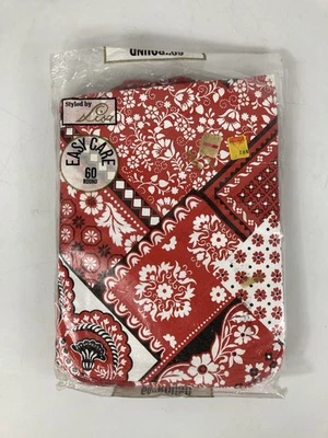 Vtg Red Bandana Print 60" Round Tablecloth Vinyl Lace Trimmed New Open Package - Image 1 of 4