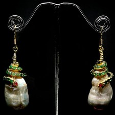 NATURAL WHITE BAROQUE PEARL,GREEN EMERALD & PINK RUBY   925 SILVER EARRINGS 14K