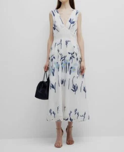 $1890 Lela Rose Womens White Wool/Silk Floral Embroidered V-Neck Dress Size 10 - Picture 1 of 5