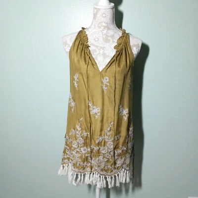 David Meister Silk Blouse Top size Small, Chartreuse Green Embroidered Fringe - Image 1 of 4