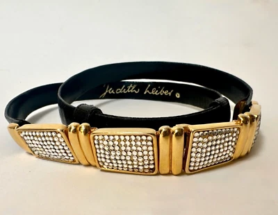 VINTAGE JUDITH LEIBER BELT BLACK LEATHER SNAKESKIN w CRYSTALs - Image 1 of 4