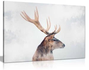 Ciervo en un bosque brumoso enmarcado en lona estampado arte de pared decoración del hogar - Imagen 1 de 6