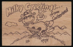AK Schweizer Holzpostkarte Milky Greetings from Switzerland - Schweiz (3573) - Picture 1 of 2