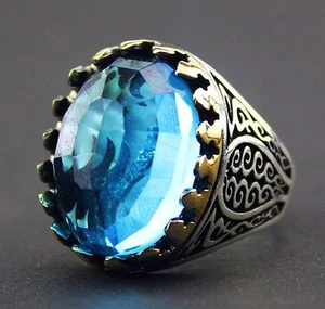 Sterling Silber und Bronze Herren Ring, Aquamarin Stein Handarbeit - Bild 1 von 5