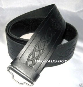 KILT GÜRTEL SCHOTTISCH KELTISCH GEWEBT GEPRÄGT SCHWARZ LEDER Größen SMALL bis XX-LARGE - Bild 1 von 2