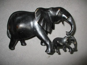 ANTIQUE EBONY ELEPHANT AND BABE HAND CARVED WOOD 1900S LARGE - Picture 1 of 15