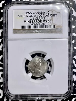 1979 Canada Small Cent Struck On 10 Cent Planchet Error NGC MS66 Lot#G9790 2.1 G - Image 1 of 3
