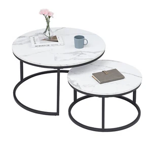 2 en 1 Mesa de Centro 60x60x45 Metal Aspecto Mármol Mesita Café Redonda Negro - Imagen 1 de 11