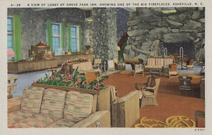 Grove Park Inn Asheville NC Lobby Fireplace Interior Vintage Linen Postcard - Picture 1 of 2