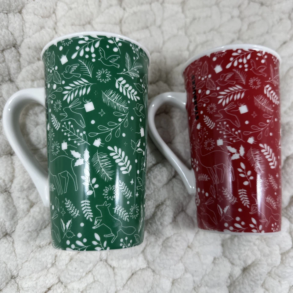 Par de tazas de café Starbucks 2019 tazas de té altas rojas y verdes patrón navideño Foto 1 de 4
