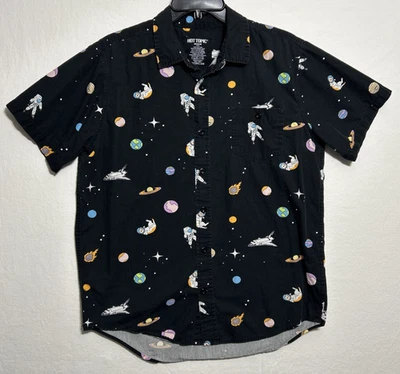 Hot Topic Men’s Black Button Up Short Sleeve Space Astronaut Cat Planets Shirt M - Image 1 of 4