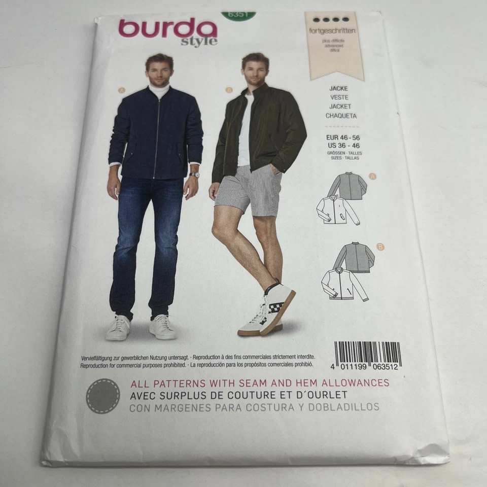 Burda Sewing Pattern 6351 Mens Jacket Sewing Pattern Size US 36-46 EUR 46-56 - Image 1 of 4