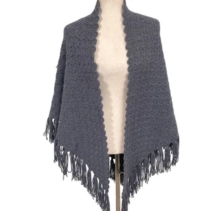 Handmade Crochet Shawl Womens One Size Blue Gray Wrap Fringe Scallop Edges Boho - Picture 1 of 7