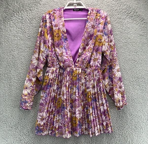 Nasty Gal Dress Womens 4 Sunflower Lilac Floral Print Pleated Plunge Mini Tea - Picture 1 of 13