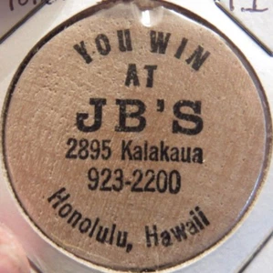 Vintage JB's Honolulu, HI Wooden Nickel - Token Hawaii - Picture 1 of 2