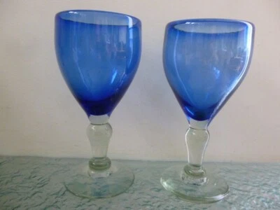 Pair of Handmade Blown Cobalt Blue Wine Glass Goblets with Clear Stem 300ml - Image 1 of 4