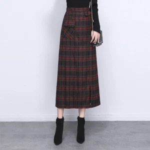 Women Thick Faux Wool Skirt Midi Pencil Skirt Straight Woolen Check Winter Warm - Picture 1 of 18