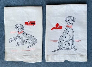 2 Vintage Hand Embroidered Dalmatian Firefighter Dog Kitchen Fingertip Tea Towel - Picture 1 of 5
