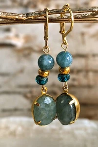 13.46 Natural Untreated Raw Aquamarine And Bead Drop Down Earrings - Picture 1 of 6