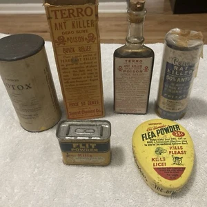 Vintage Lot of 5 Small Advertising Tins/ Bottle With Cork and Containers - Picture 1 of 24