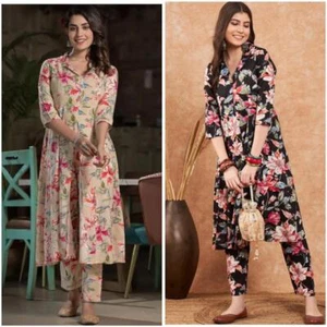 Women Elegant Kurti Pent Set Indian Floral Black Co-Ord Set Causal Top Tunic Set - Picture 1 of 13