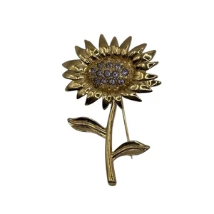Gold Tone Sunflower Brooch Pin Rhinestone Center Floral Jewelry - Picture 1 of 4