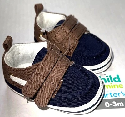 CARTERS Child of Mine soft canvas baby shoes navy/white/tan size 0-3 months - Image 1 of 2