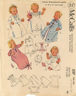 McCall's 537 Heirloom Layette, Bishop-Style Gown, Kimono Wrap, Bib, Slip CUT - Image 1 of 4