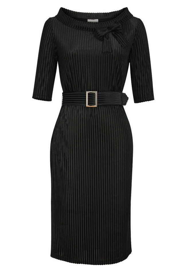 2X Deadly SEXY Dames Film Noir 🖤 COUTURE Bow collar Striped Velvet Pinup dress - Image 1 of 4