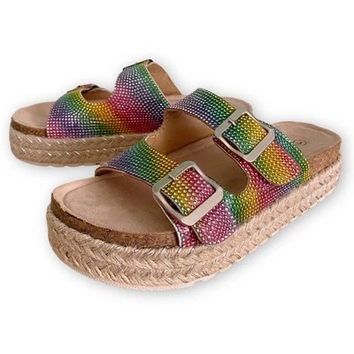 Adrienne Vittadini Girls 3 Double Buckle Rainbow Rhinestone Espadrille Sandals - Image 1 of 4