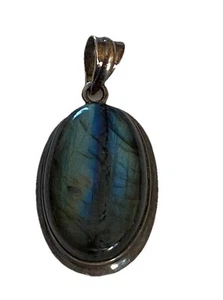 Labradorite Pendant Sterling Silver 2 Inch Oval Blue Green Gemstone 925 Beauty - Picture 1 of 14