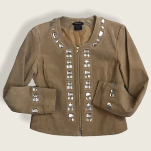 Boston Proper Beige Zip Up Bomber Jacket Crop Jewelry Beaded Size 12 - Picture 1 of 7