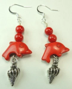 Red Howlite Dolphin Earrings  with Shells  Howlite Beads Handmade  Jewelry - Picture 1 of 1