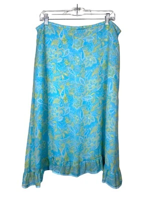 Vtg Oscar De La Renta Skirt 100% Silk Y2K Floral Ruffle Hem Women 16 Blue Green - Image 1 of 4