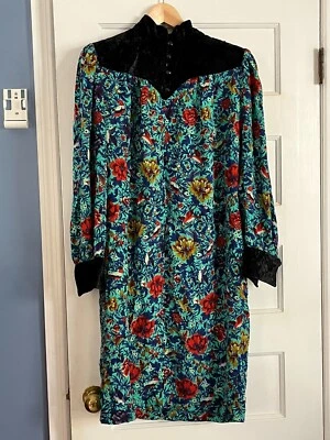 VTG 1980S EMMANUEL UNGARO SOLO DONNA ITALY SZ 42 BLACK VELVET SILK PRINT DRESS - Image 1 of 4