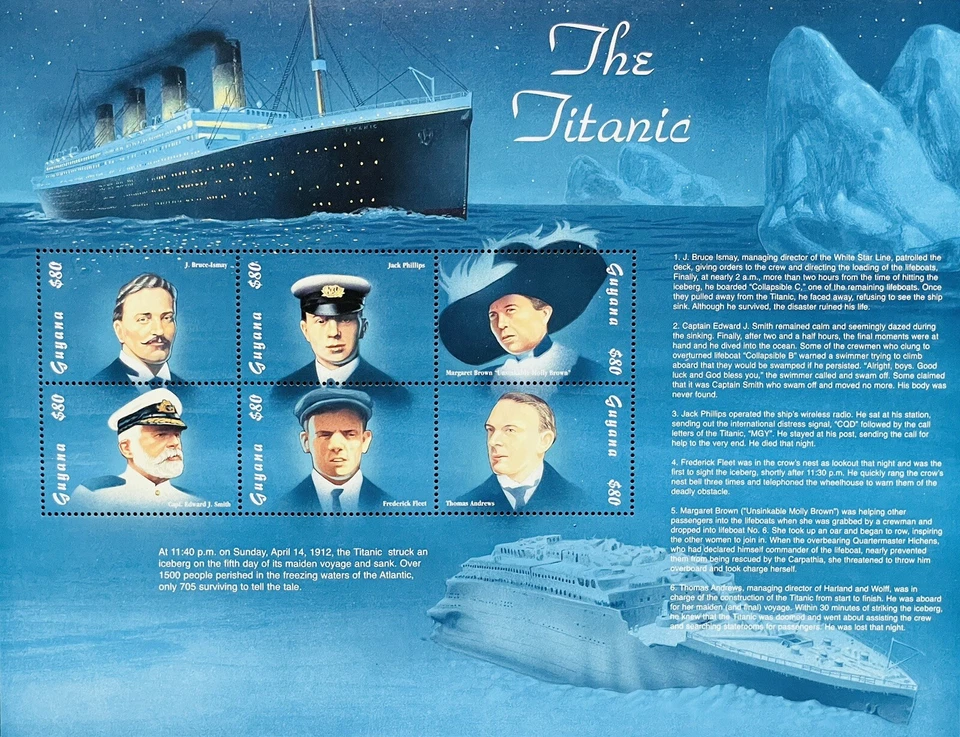 GUYANA TITANIC STAMPS SHEET OF 6 MNH 1998 OCEAN LINER CRUISE SHIP PASSENGER BOAT - Image 1 of 1