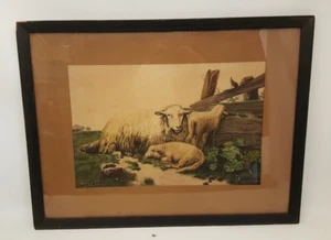 Antique 1902 original painting sheep signed framed Adele Hall Donaldson Card - Picture 1 of 11