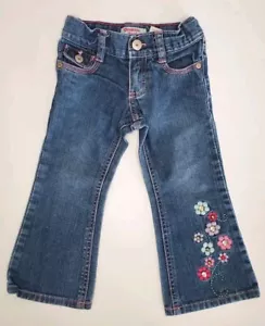 OshKosh Toddler 2T Denim Blue Jeans Embroidered Floral Flowers Flare Leg - Picture 1 of 7