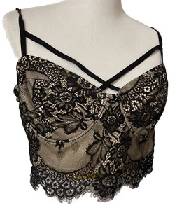 Black Lacey Overlay Crop Top Cami Rue + Sz 2X Zipper Back Underwire Lined Floral - Picture 1 of 16
