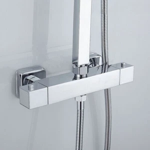 Square Thermostatic Shower Bar Mixer Valve Taps Chrome Bathroom Twin Outlet - Picture 1 of 9